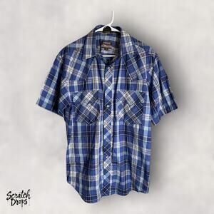 Outlaw Western Wear Vintage 90s Shirt Medium Blue Plaid Cotton Single Stitch